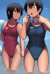 Rule 34 | 2girls, :&lt;, animal, arena (company), black eyes, black hair, blue one-piece swimsuit, breasts, competition swimsuit, covered erect nipples, crab, goggles, gradient background, holding, holding animal, holding swim ring, innertube, lvi, multiple girls, one-piece swimsuit, original, partially submerged, red one-piece swimsuit, short hair, standing, suzukaze (lvi), swim ring, swimming goggles, swimsuit, tan, thigh gap, unworn goggles, water