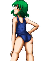 Rule 34 | 1girl, ass, female focus, from behind, green hair, hand on own hip, kazami yuuka, looking back, one-piece swimsuit, school swimsuit, solo, swimsuit, touhou, white background