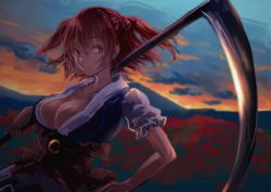 Rule 34 | 1girl, breasts, cleavage, flower, hair bobbles, hair ornament, hand on own hip, hand on own shoulder, large breasts, looking at viewer, nooca, on shoulder, onozuka komachi, red eyes, red hair, scythe, short hair, smile, solo, spider lily, sunset, touhou, two side up, upper body