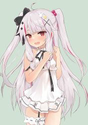 Rule 34 | 1girl, :d, absurdres, aged down, ahoge, bare arms, bare shoulders, black bow, black ribbon, blush, bow, dress, female focus, green background, grey hair, hair bobbles, hair bow, hair ornament, hairclip, hands up, highres, long hair, looking at viewer, multicolored hair, neck ribbon, nijisanji, open mouth, purple hair, rabbit hair ornament, red eyes, ribbon, simple background, sleeveless, sleeveless dress, smile, solo, standing, streaked hair, two side up, very long hair, virtual youtuber, white dress, x hair ornament, yakihebi, yorumi rena, yorumi rena (young)