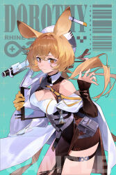 Rule 34 | 1girl, animal ears, arknights, bare shoulders, black skirt, blonde hair, breasts, brown eyes, cleavage, clipboard, closed mouth, dorothy (arknights), gun, high-waist skirt, holding, holding clipboard, hourglass, large breasts, leaning forward, long hair, looking at viewer, low ponytail, mouse ears, omurice (304975636), pen, sample watermark, skirt, smile, solo, thigh strap, very long hair, watermark, weapon, white background