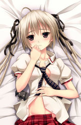 Rule 34 | 1girl, ahoge, blonde hair, blush, brown eyes, collarbone, hair ribbon, hand on own stomach, hand to own mouth, kasugano sora, long hair, lying, on back, partially undressed, ribbon, solo, twintails, upper body, xiaoyin li, yosuga no sora