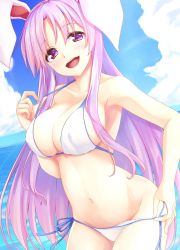 Rule 34 | 1girl, :d, animal ears, bare arms, bare shoulders, bikini, bikini pull, blue sky, blush, breasts, clothes pull, cloud, collarbone, commentary request, cowboy shot, day, groin, hair between eyes, hand up, head tilt, highres, hisae (hisae collect), large breasts, leaning forward, long hair, looking at viewer, navel, open mouth, outdoors, purple hair, rabbit ears, red eyes, reisen udongein inaba, side-tie bikini bottom, sketch, sky, smile, solo, standing, stomach, swimsuit, thighs, touhou, very long hair, water, white bikini
