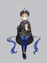 Rule 34 | 1boy, black coat, black hat, blonde hair, blue hair, blue pantyhose, blunt bangs, captain nemo (fate), coat, commentary request, epaulettes, eyebrows hidden by hair, fate/grand order, fate (series), gradient hair, green eyes, grey background, hat, hat feather, high heels, highres, holding, holding spoon, long hair, long sleeves, male focus, military, military uniform, multicolored hair, nemo (fate), ninjin (ne f g o), pantyhose, parfait, shorts, simple background, sitting, solo, spoon, turban, twintails, uniform, very long hair