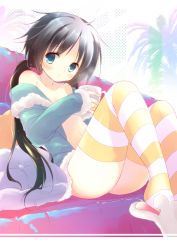Rule 34 | 1girl, black hair, blue eyes, couch, cup, holding, long hair, looking at viewer, mug, natsuki coco, navel, no panties, original, pillow, sitting, solo, striped clothes, striped thighhighs, sweater, thighhighs, twintails
