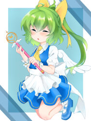 Rule 34 | 1girl, absurdres, angel wings, apron, ascot, blue background, blue dress, blue footwear, blush, bow, closed eyes, collared shirt, commentary request, cookie (touhou), daiyousei, diyusi (cookie), dress, full body, green hair, gyaku (kuriya), hair between eyes, hair bow, high ponytail, highres, holding, holding wand, jumping, long hair, magical girl, mary janes, medium bangs, open mouth, pinafore dress, puffy short sleeves, puffy sleeves, shirt, shoes, short sleeves, sleeveless, sleeveless dress, socks, solo, touhou, waist apron, wand, white apron, white background, white shirt, white socks, wings, yellow ascot, yellow bow