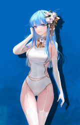 Rule 34 | 1girl, :d, absurdres, blue background, blue eyes, blue hair, bow, bowtie, brown bow, brown bowtie, cowboy shot, elbow gloves, flower, garter straps, gloves, hair between eyes, hair flower, hair ornament, highres, leotard, lizchief, long hair, open mouth, original, signature, smile, solo, standing, thigh gap, thighhighs, white flower, white gloves, white leotard, white thighhighs