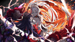Rule 34 | 2girls, absurdres, armor, back, bare shoulders, blue eyes, breasts, cleavage, closed mouth, disembodied hand, electricity, fire, gauntlets, hair between eyes, hair ornament, highres, holding, holding another&#039;s head, holding sword, holding weapon, honkai (series), honkai impact 3rd, horns, katana, kiana kaslana, kiana kaslana (herrscher of flamescion), long hair, looking at another, multiple girls, ponytail, purple eyes, purple hair, raiden mei, raiden mei (herrscher of thunder), sheath, sheathed, sword, weapon, white hair, zhong er bing