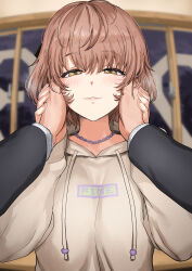 Rule 34 | 1boy, 1girl, blush, brown hair, chain necklace, half-closed eyes, hand on hand, hands on another&#039;s cheeks, hands on another&#039;s face, hetero, highres, hood, hoodie, idolmaster, idolmaster shiny colors, ikuta haruki, indoors, jewelry, looking at viewer, necklace, pov, pov hands, producer (idolmaster), short hair, smile, tsurui, upper body