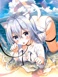 Rule 34 | 1girl, animal ear fluff, animal ears, ass, bad id, bad pixiv id, beach, blue eyes, blue hair, blue sky, blush, bottomless, breasts, cat ears, cat girl, cat tail, cleavage, cloud, cloudy sky, collarbone, commentary request, day, dress shirt, fang, hair between eyes, hands up, head tilt, horizon, leash, long hair, long sleeves, looking at viewer, medium breasts, ocean, original, outdoors, parted lips, paw pose, sand, see-through, shirt, sky, solo, tail, tail raised, very long hair, viewer holding leash, water, wet, wet clothes, wet shirt, white shirt, yadapot