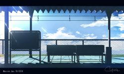 Rule 34 | artist name, blue sky, blue theme, chain-link fence, chair, cloud, dated, day, english text, fence, letterboxed, light rays, no humans, original, overhead line, scenery, sign, signature, sky, sunlight, train station, train station platform, waisshu (sougyokyuu)