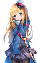 Rule 34 | 1girl, :o, blonde hair, blue jacket, blush, brown pantyhose, commentary request, fate (series), gloves, grey skirt, hat, head tilt, highres, jacket, long hair, long sleeves, looking at viewer, lord el-melloi ii case files, mini hat, own hands together, pantyhose, parted lips, peaked cap, pleated skirt, reines el-melloi archisorte, saber (weapon), simple background, skirt, sleeves past wrists, solo, suisen-21, sword, tilted headwear, very long hair, weapon, white background, white gloves, white hat