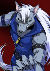 Rule 34 | 10s, 1boy, angry, black background, clenched teeth, furry, furry male, gradient background, joka (hiwai), long hair, male focus, precure, red background, scowl, smile precure!, snarl, solo, teeth, werewolf, white hair, wolfrun