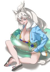 Rule 34 | 1girl, absurdres, animal ear fluff, animal ears, big hair, bikini, blue eyes, blue hoodie, blush, breasts, crossed legs, flower, frilled bikini, frills, highres, hood, hoodie, innertube, kemono friends, kemono friends 3, large breasts, lion ears, lion girl, lion tail, long hair, long sleeves, looking at viewer, official alternate costume, open clothes, open hoodie, open mouth, sandals, simple background, sitting, solo, swim ring, swimsuit, tail, tanabe (fueisei), white background, white bikini, white hair, white lion (kemono friends)