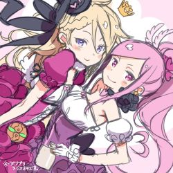 Rule 34 | &gt;:), 2girls, alternate hair color, alternate hair length, alternate hairstyle, ange (princess principal), black ribbon, blonde hair, blue eyes, blush, braid, breast press, commentary request, crown, detached sleeves, dorothy (princess principal), dress, feather hair ornament, feathers, from side, feather hair ornament, hair ornament, hair ribbon, hand on own hip, heart, heart hair ornament, kuroboshi kouhaku, mini crown, multiple girls, pink dress, ponytail, princess principal, puffy detached sleeves, puffy short sleeves, puffy sleeves, purple dress, ribbon, short sleeves, sidelocks, sketch, smile, v-shaped eyebrows