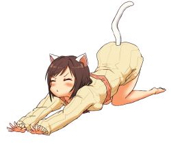 Rule 34 | 1girl, :&lt;, all fours, animal ears, bare legs, barefoot, brown hair, cat ears, cat girl, cat tail, closed eyes, closed mouth, commentary, dress, feet, forehead, full body, idolmaster, idolmaster cinderella girls, ito (itokayu), light blush, long sleeves, maekawa miku, parted bangs, ribbed sweater, short hair, simple background, solo, stretching, sweater, sweater dress, tail, white background