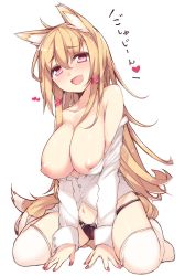 Rule 34 | 1girl, :d, ahoge, animal ears, bare shoulders, black panties, blonde hair, blush, bow, bow panties, breasts, breasts out, brown hair, collarbone, fang, fox ears, fox tail, full body, hair between eyes, hair ornament, hair ribbon, haruyuki (yukichasoba), heart, heart-shaped pupils, huge breasts, kneeling, large breasts, long hair, long sleeves, midriff, nail polish, navel, nipples, no pants, off shoulder, open clothes, open mouth, open shirt, original, panties, puffy nipples, purple eyes, red eyes, ribbon, shiny skin, shirt, simple background, sitting, smile, solo, symbol-shaped pupils, tail, tareme, thighhighs, tongue, translated, underwear, very long hair, wariza, white background, white thighhighs