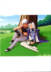 Rule 34 | 1boy, 1girl, abs, absurdres, against tree, blanc neige, blue gemstone, blue skirt, boots, brother and sister, cape, closed eyes, couple, crop top, day, dress, full body, gem, hair between eyes, hairband, hand on own thigh, head tilt, hetero, high heel boots, high heels, highres, incest, keiner, landscape, legs together, mountainous horizon, outdoors, pants, popped collar, scan, sega, shining (series), shining tears, shoes, short dress, siblings, sitting, skirt, sleeping, smile, tank top, thigh boots, thighhighs, tony taka, tree, white hair, white thighhighs