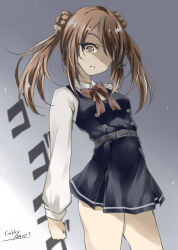Rule 34 | 1girl, artist name, black dress, bow, bowtie, brown bow, brown bowtie, brown eyes, brown hair, collared shirt, dated, double bun, dress, dress shirt, gakky, gradient background, grey background, hair bun, hair over one eye, highres, kantai collection, michishio (kancolle), one-hour drawing challenge, parted lips, pinafore dress, shirt, short twintails, sleeveless, sleeveless dress, solo, standing, twintails, white shirt, yandere