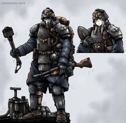 1girl aquila_(symbol) armor backpack bag blonde_hair body_armor death_korps_of_krieg detonator gloves helmet highres imperium_of_man lasgun looking_at_viewer multiple_views octosoup sapper shin_guards shoulder_armor shovel soldier solo stick_grenade warhammer_40k