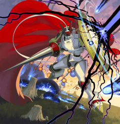 Rule 34 | 1boy, armor, cape, digimon, digimon (creature), digital hazard, dukemon, energy, epic, flying, full armor, highres, knight, lance, looking to the side, monster, no humans, official art, pauldrons, polearm, red cape, royal knights, shield, shoulder armor, simple background, sky, solo, weapon, yellow eyes