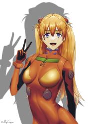 Rule 34 | 1girl, artist name, bodysuit, breasts, brown hair, hair between eyes, highres, illust aqua, interface headset, long hair, looking at viewer, medium breasts, neon genesis evangelion, open mouth, plugsuit, red bodysuit, shiny clothes, simple background, solo, souryuu asuka langley, twitter username, two side up, v
