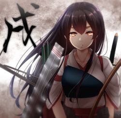 Rule 34 | akagi (kancolle), akagi kai ni (kancolle), bad id, bad pixiv id, bow (weapon), breasts, brown eyes, brown hair, collarbone, flight deck, floating hair, glowing, glowing eyes, hair between eyes, highres, holding, holding weapon, japanese clothes, kantai collection, large breasts, lights, long hair, looking at viewer, muneate, nontraditional miko, nuka (nvkka), ribbon-trimmed sleeves, ribbon trim, rigging, sidelocks, solo, straight hair, tasuki, upper body, weapon, wind