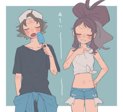 Rule 34 | 1boy, 1girl, :o, bare arms, blush, brown hair, clenched teeth, closed eyes, clothes around waist, commentary request, creatures (company), food, game freak, hand on own hip, hand up, hat, high ponytail, highres, hilbert (pokemon), hilda (pokemon), hime (himetya105), holding, hot, jacket, jacket around waist, nintendo, open mouth, pokemon, pokemon bw, popsicle, shirt, short hair, short shorts, short sleeves, shorts, sidelocks, sleeveless, sleeveless shirt, sweat, t-shirt, teeth, tied shirt, white headwear