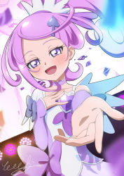Rule 34 | 1girl, blush, brooch, choker, cure sword, dokidoki! precure, earrings, hair ornament, heart, heart brooch, high ponytail, highres, jewelry, kenzaki makoto, looking at viewer, open mouth, pink sleeves, precure, purple choker, purple eyes, purple hair, purple shirt, purple skirt, shirt, short sleeves, signature, skirt, solo, spade (shape), spade earrings, spade hair ornament, stage, tiler (tiler00), upper body