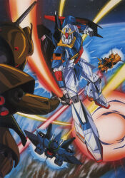 Rule 34 | 1980s (style), artist request, beam saber, cloud, earth (planet), energy beam, gabthley, gundam, hambrabi, highres, in orbit, key visual, mecha, methuss, mobile suit, official art, oldschool, planet, production art, promotional art, retro artstyle, robot, scan, science fiction, shield, space, thrusters, traditional media, v-fin, zeta gundam, zeta gundam (mobile suit)
