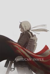 Rule 34 | 1girl, ahoge, american flag, anti-materiel rifle, backpack, bag, black skirt, bolt action, brown jacket, cheytac m200, cowboy shot, english text, flag, from side, girls&#039; frontline, gun, hair blowing, headphones, headphones around neck, headset, highres, huqu, jacket, low ponytail, m200 (girls&#039; frontline), movie poster, movie reference, pleated skirt, rifle, scope, sidelocks, silver hair, skirt, sniper rifle, solo, weapon, white background