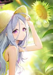 Rule 34 | 1girl, ahoge, arms up, bare arms, bare shoulders, blue archive, closed mouth, dress, flower, hair between eyes, halo, hat, highres, hina (blue archive), holding, holding clothes, holding hat, long hair, looking at viewer, picter, purple eyes, sleeveless, solo, sun hat, sunflower, white hair, yellow dress