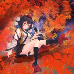 Rule 34 | 1girl, absurdres, adapted costume, autumn leaves, bare shoulders, black hair, black legwear, black skirt, blush, camera, closed mouth, commentary request, detached sleeves, foot out of frame, geta, hand fan, hat, highres, holding, holding camera, holding fan, japanese clothes, kimono, long sleeves, looking at viewer, outdoors, pom pom (clothes), red eyes, red footwear, red hat, shameimaru aya, short hair, sitting, skirt, smile, tengu, tengu-geta, tokin hat, touhou, ueno tatsuki, white kimono, white sleeves, wide sleeves