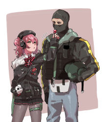 Rule 34 | 1boy, 1girl, beret, blush, candy, crossover, food, girls&#039; frontline, hat, height difference, highres, lollipop, mp7 (girls&#039; frontline), off shoulder, pantyhose, pleated skirt, rainbow six siege, red hair, sanso (kasyawamoti), side ponytail, skirt
