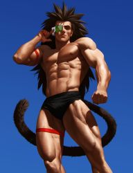 Rule 34 | 1boy, abs, arm strap, bara, black male swimwear, black male underwear, black swim briefs, blue background, brown hair, bulge, commentary, dragon ball, dragonball z, english commentary, feet out of frame, fox bravo, from below, frown, gradient background, hand up, highres, large pectorals, long hair, looking at viewer, male focus, male swimwear, male underwear, manly, monkey tail, muscular, muscular male, navel, pectorals, raditz, scouter, sky, solo, standing, swim briefs, swimsuit, tail, thigh strap, thighs, topless male, underwear