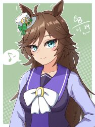 Rule 34 | 1girl, ahoge, animal ears, blush, border, bow, breasts, brown hair, closed mouth, commentary request, dated, eighth note, green background, hair between eyes, hair ornament, hairclip, hat, highres, horse ears, horse girl, long hair, long sleeves, medium breasts, mini hat, mini top hat, mr. c.b. (umamusume), musical note, purple shirt, sailor collar, school uniform, shinonome (shinonome rynn), shirt, simple background, smile, solo, spoken musical note, top hat, tracen school uniform, umamusume, upper body, white border, white bow, winter uniform