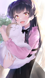 Rule 34 | 1girl, :d, absurdres, animal, black bow, black hair, black skirt, blush, bow, brown eyes, cat, commentary request, cowboy shot, fangs, fingernails, haru (re ilust), highres, holding, holding animal, holding cat, idolmaster, idolmaster shiny colors, long hair, long sleeves, looking at viewer, mayuzumi fuyuko, open mouth, pink shirt, shirt, skirt, smile, solo, standing, two side up, very long hair