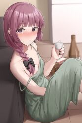 Rule 34 | 1girl, absurdres, areola slip, bare shoulders, blunt bangs, blush, bocchi the rock!, bottle, braid, breasts, choko (cup), cleavage, couch, cup, dress, green dress, highres, hiroi kikuri, long hair, looking at viewer, off shoulder, paid reward available, purple eyes, purple hair, shengtian, sitting, sleeveless, sleeveless dress, small breasts, solo, strap slip