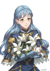 Rule 34 | 1girl, alternate hairstyle, bikini boody, blue hair, bouquet, braid, brown eyes, capelet, closed mouth, crown braid, dress, elbow gloves, fire emblem, fire emblem: three houses, flower, gloves, hair down, highres, holding, holding flower, jewelry, lily (flower), long hair, long sleeves, marianne von edmund, nintendo, official alternate hairstyle, simple background, smile, solo, white flower