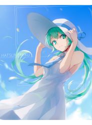 Rule 34 | 1girl, absurdres, aqua eyes, aqua hair, blue necktie, blue ribbon, blue sky, blurry, character name, closed mouth, collared dress, commentary, cowboy shot, day, depth of field, dress, from below, hands on headwear, hands up, hat, hat ribbon, hatsune miku, highres, long hair, looking at viewer, looking down, necktie, outdoors, ribbon, sky, sleeveless, sleeveless dress, smile, solo, sun hat, sundress, teay (ttttteay), twintails, very long hair, vocaloid