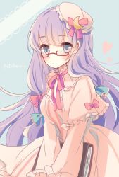 Rule 34 | 1girl, anniversary, bespectacled, book, capelet, coat, crescent, dress, glasses, hair ribbon, hat, hat ribbon, heart, karunabaru, long hair, long sleeves, looking at viewer, mob cap, open clothes, open coat, patchouli knowledge, purple eyes, purple hair, red-framed eyewear, ribbon, solo, striped clothes, striped dress, touhou, tress ribbon, very long hair, wide sleeves