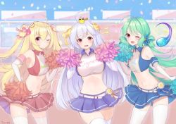 Rule 34 | 3girls, ;d, adapted costume, ahoge, animal, animal on head, armpits, azur lane, bare shoulders, belt, bird, blonde hair, blue bow, blue skirt, blue sky, blush, bow, braid, braided bun, breasts, chan&#039;nu, cheerleader, chick, clothes writing, collared shirt, comet, comet (azur lane), commentary request, confetti, cowboy shot, crescent (azur lane), crop top, cygnet (azur lane), cygnet (royal fanfare) (azur lane), double bun, elbow gloves, gloves, gluteal fold, green hair, groin, hair between eyes, hair bow, hair bun, hair ornament, hair ribbon, hair rings, hands up, large breasts, long hair, looking at viewer, manjuu (azur lane), midriff, mirrored, multiple girls, navel, on head, one eye closed, open mouth, panties, pantyshot, pink ribbon, pom pom (cheerleading), purple shirt, purple skirt, rabbit hair ornament, red eyes, red shirt, red skirt, ribbon, shirt, side bun, sidelocks, signature, single side bun, skirt, sky, sleeveless, sleeveless shirt, small breasts, smile, stadium, standing, thighhighs, track and field, two-tone shirt, two side up, underwear, very long hair, white belt, white gloves, white hair, white panties, white shirt, yellow ribbon, zettai ryouiki