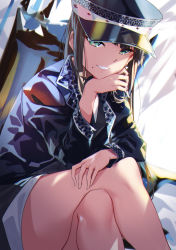 Rule 34 | 10s, 1girl, absurdres, alternate costume, bare legs, black headwear, black jacket, blunt bangs, brown hair, commentary request, crossed legs, feet out of frame, green eyes, grin, hand on own chin, highres, jacket, kurosawa dia, leaning forward, long hair, long sleeves, looking at viewer, love live!, love live! sunshine!!, mole, mole under mouth, parted lips, sitting, smile, solo, teeth, yamaori (yamaorimon)