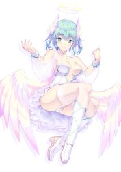 Rule 34 | 1girl, angel, angel wings, bare shoulders, boots, breasts, collar, collarbone, dev (dev0614), dress, female focus, frilled dress, frilled skirt, frills, from below, full body, garter straps, green eyes, green hair, hair between eyes, halo, hands up, highres, invisible chair, large breasts, low wings, matching hair/eyes, original, panties, pantyshot, see-through, shadow, short hair, simple background, sitting, skirt, solo, thighhighs, underwear, veil, white background, white dress, white thighhighs, wings, wrist cuffs