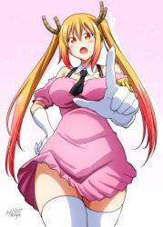 Rule 34 | 1girl, :o, bare shoulders, black necktie, blonde hair, blush, breasts, cleavage, colored tips, commentary request, cowboy shot, dated, detached collar, dragon girl, dragon horns, dress, elbow gloves, eyelashes, facing viewer, gloves, gradient background, hand on own hip, highres, horns, kobayashi-san chi no maidragon, large breasts, long hair, looking at viewer, multicolored hair, necktie, open mouth, orange eyes, pink background, pink dress, pointing, pointing at viewer, short dress, short necktie, sidelocks, signature, slit pupils, smile, solo, standing, tatsuya (guild plus), thighhighs, tohru (maidragon), twintails, two-tone hair, white gloves, zettai ryouiki