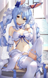 Rule 34 | 1girl, animal ears, blue bow, blue hair, bow, braid, breasts, cleavage, closed mouth, commentary request, curtains, detached sleeves, hair bow, highres, hololive, long hair, looking at viewer, medium breasts, midriff, multicolored hair, navel, rabbit ears, red eyes, scottie (phantom2), sitting, sitting on table, smile, solo, thick eyebrows, thighhighs, tiara, twin braids, two-tone hair, usada pekora, virtual youtuber, white hair, white thighhighs, window