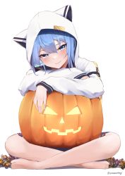 Rule 34 | 1girl, absurdres, animal hood, arm rest, barefoot, blue eyes, blue hair, blush, candy, closed mouth, commentary, crossed legs, dot nose, food, full body, halloween, highres, hololive, hood, hoodie, hoshimachi suisei, hoshimachi suisei (school uniform), indian style, jack-o&#039;-lantern, light smile, long sleeves, looking at viewer, pumpkin, simple background, sitting, solo, star (symbol), star in eye, symbol in eye, twitter username, virtual youtuber, white background, white hoodie, yumenoakagi
