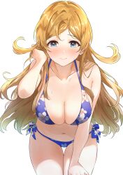 1girl absurdres b1ack_illust bikini blonde_hair blue_bikini blue_eyes blush breasts collarbone commentary hair_flaps highres idolmaster idolmaster_million_live! large_breasts leaning_forward long_hair looking_at_viewer navel shinomiya_karen simple_background smile solo stomach sweat swimsuit very_long_hair white_background