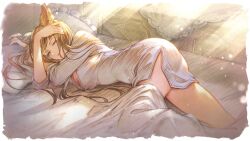 Rule 34 | 1girl, animal ears, breasts, brown eyes, brown hair, cleavage, granblue fantasy, granblue fantasy versus: rising, looking at viewer, metera (granblue fantasy), official art, on bed, one eye closed, shirt, solo, waking up, white shirt