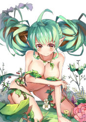 Rule 34 | 1girl, ahoge, aqua hair, breasts, brown eyes, flower, jewelry, kneeling, leafeon, leaning forward, long hair, navel, necklace, nude, outdoors, personification, plant, pointy ears, pokemon, sakaraubito, solo, twintails
